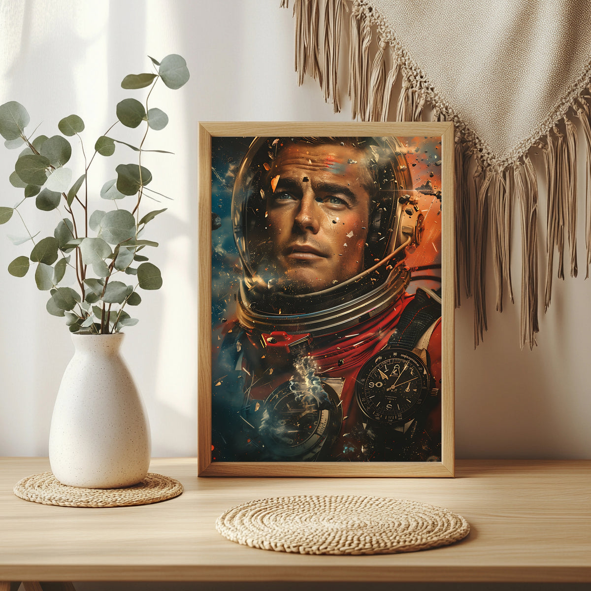 Astronaut inmitten aufwirbelnder Trümmer und Funken, entschlossener Blick