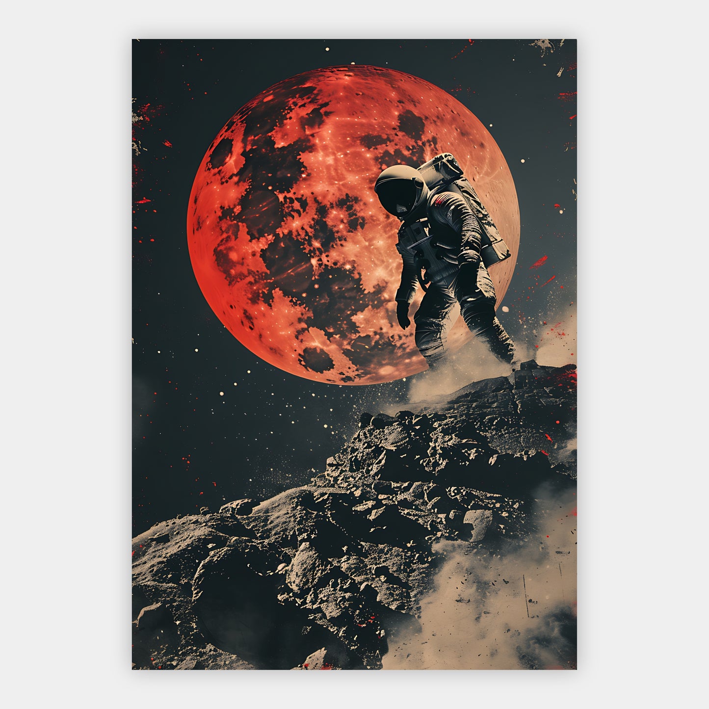 Astronaut auf einem Felsgipfel vor einem riesigen glutroten Mond