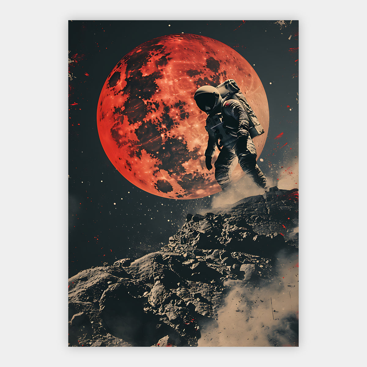 Astronaut auf einem Felsgipfel vor einem riesigen glutroten Mond