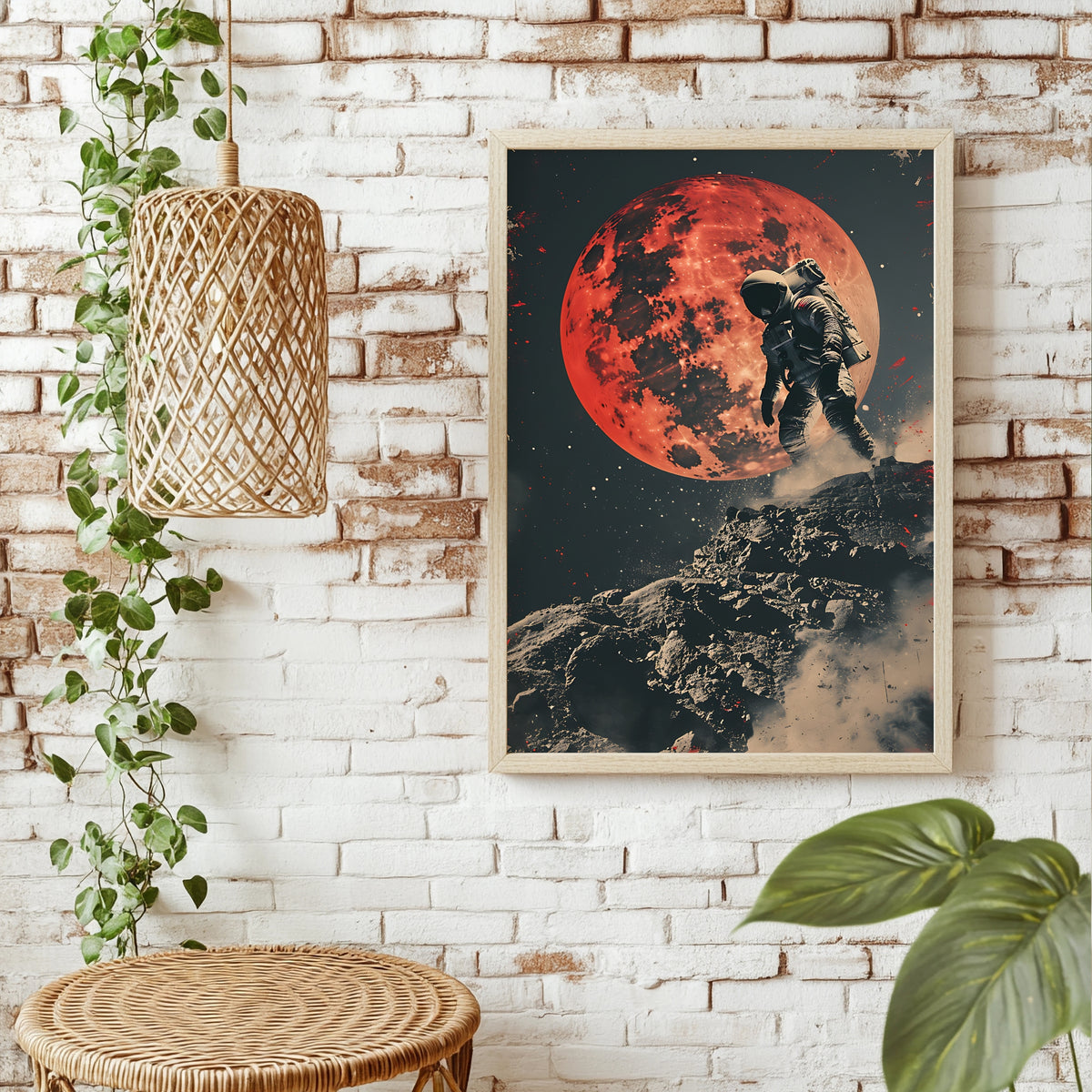 Astronaut auf einem Felsgipfel vor einem riesigen glutroten Mond