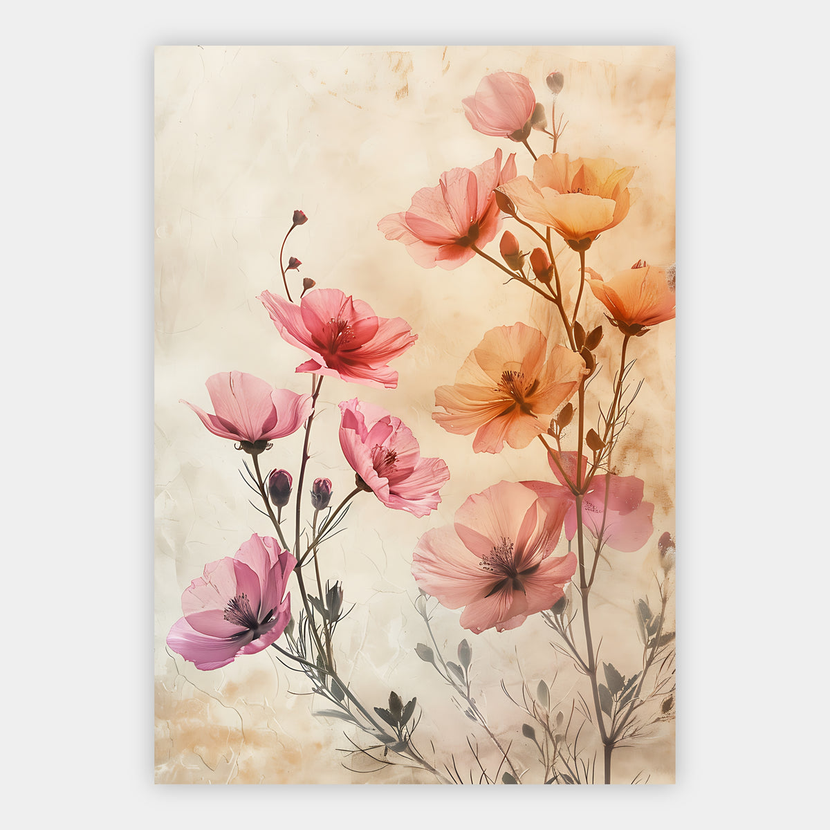 Mohnblüten und Knospen in Rosa Orange und Koralle vor hellem Hintergrund