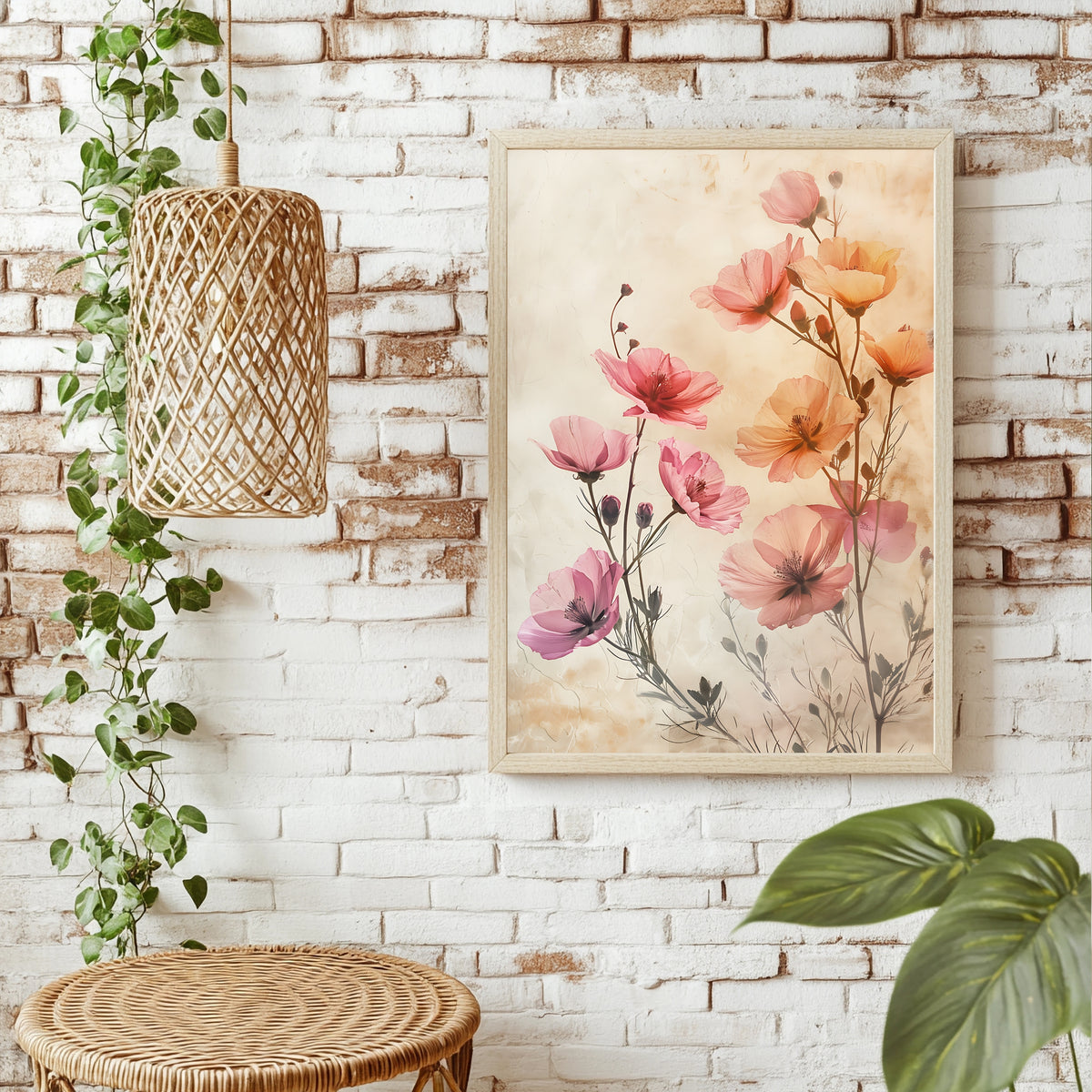 Mohnblüten und Knospen in Rosa Orange und Koralle vor hellem Hintergrund