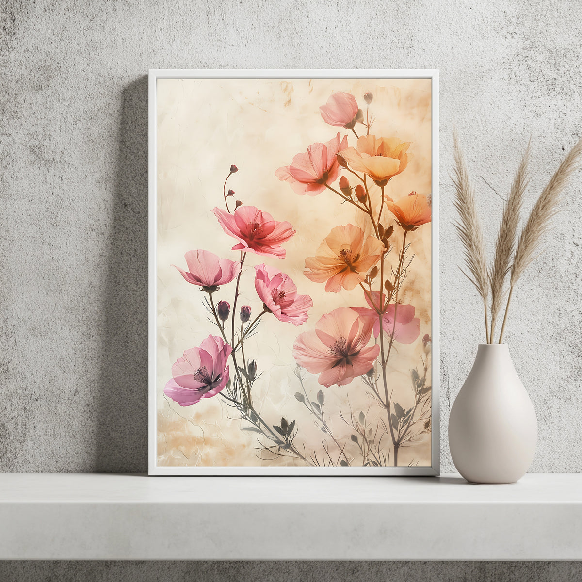 Mohnblüten und Knospen in Rosa Orange und Koralle vor hellem Hintergrund