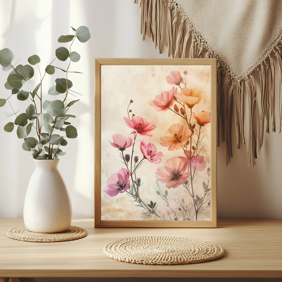Mohnblüten und Knospen in Rosa Orange und Koralle vor hellem Hintergrund