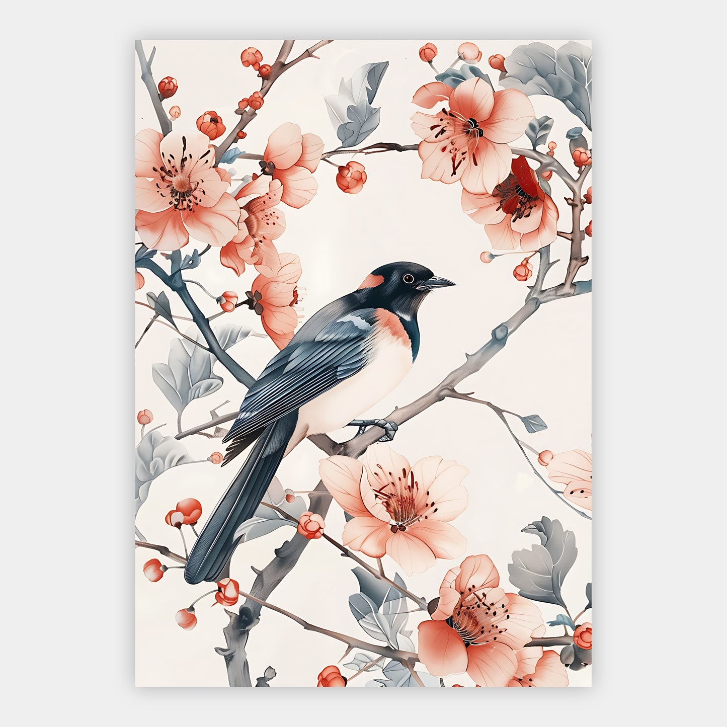 Elster zwischen Kirschblütenzweigen im asiatischen Aquarellstil