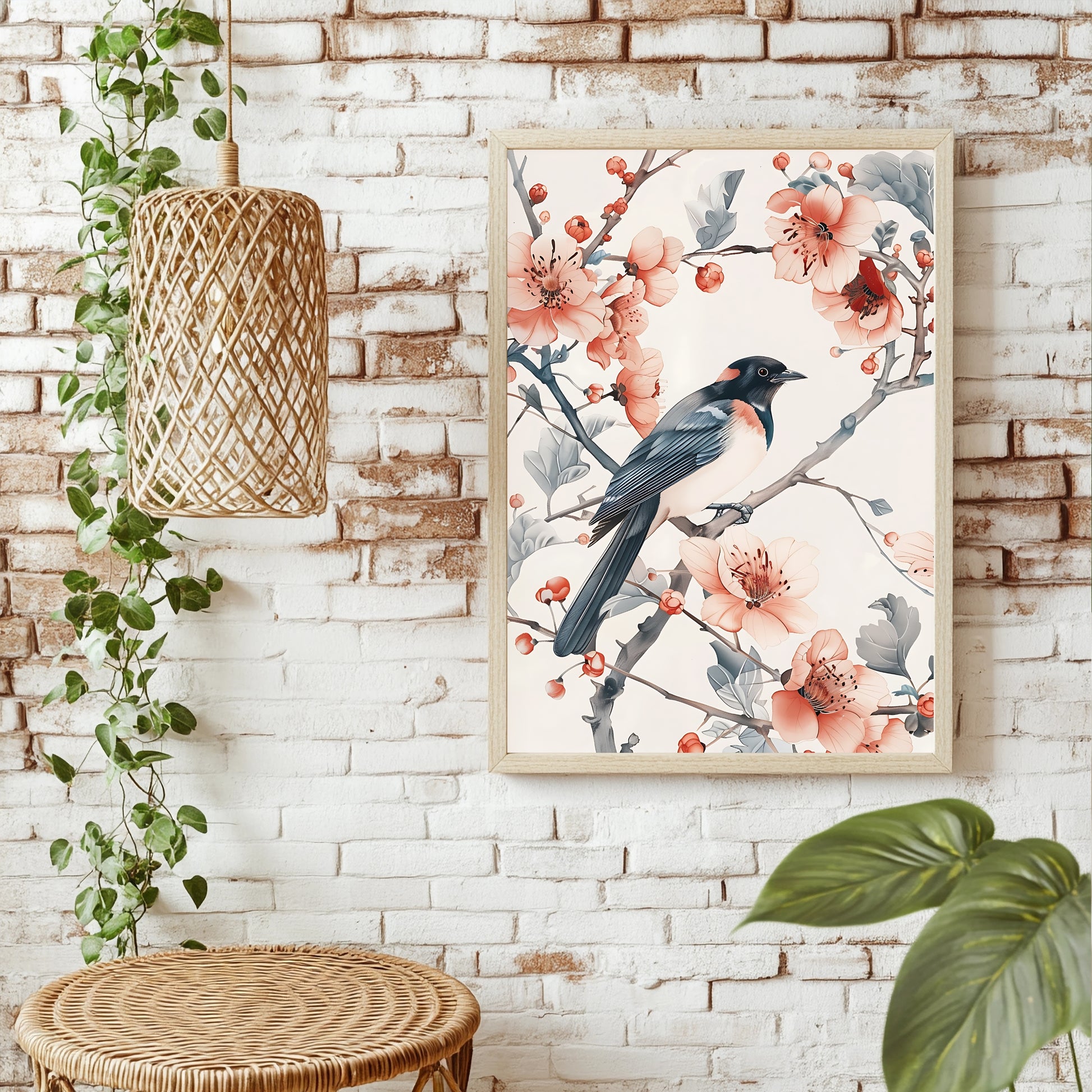 Elster zwischen Kirschblütenzweigen im asiatischen Aquarellstil