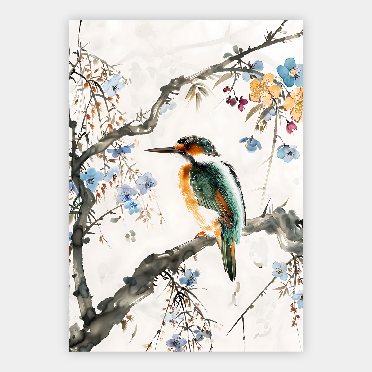 Bunter Eisvogel zwischen blauen Blüten im Tuschemalerei-Stil
