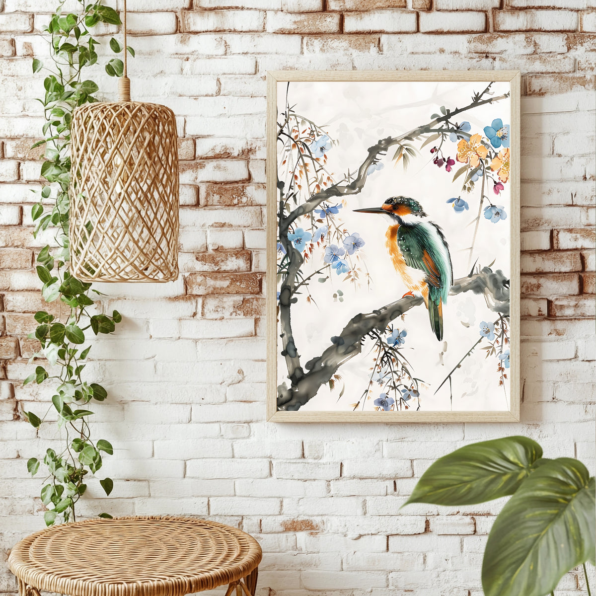 Bunter Eisvogel zwischen blauen Blüten im Tuschemalerei-Stil