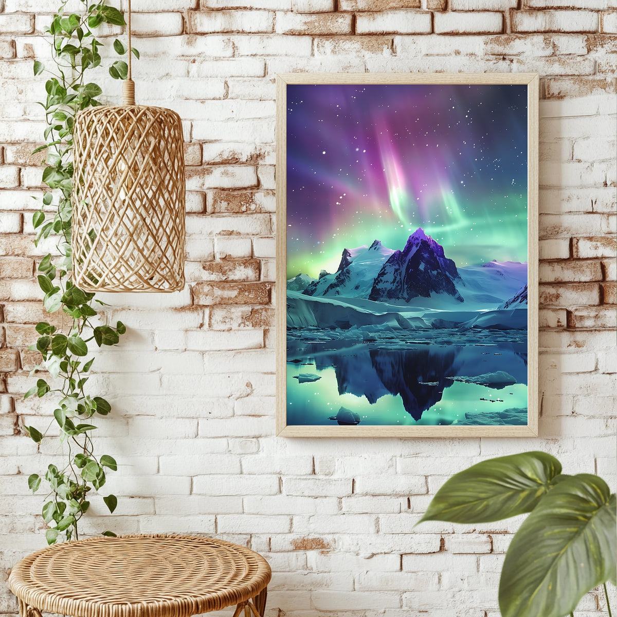 Lila-grünes Polarlicht über einem Berggipfel mit Spiegelung