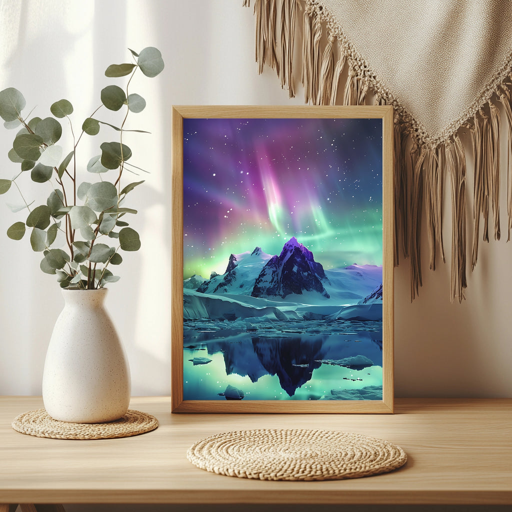 Lila-grünes Polarlicht über einem Berggipfel mit Spiegelung