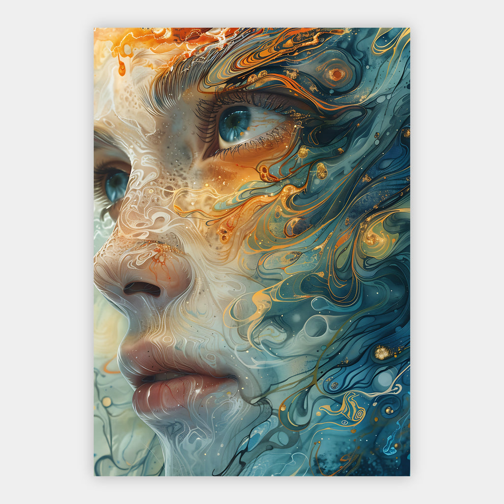 Fließendes Fluid-Art-Porträt in Blau und Gold mit wachem Auge