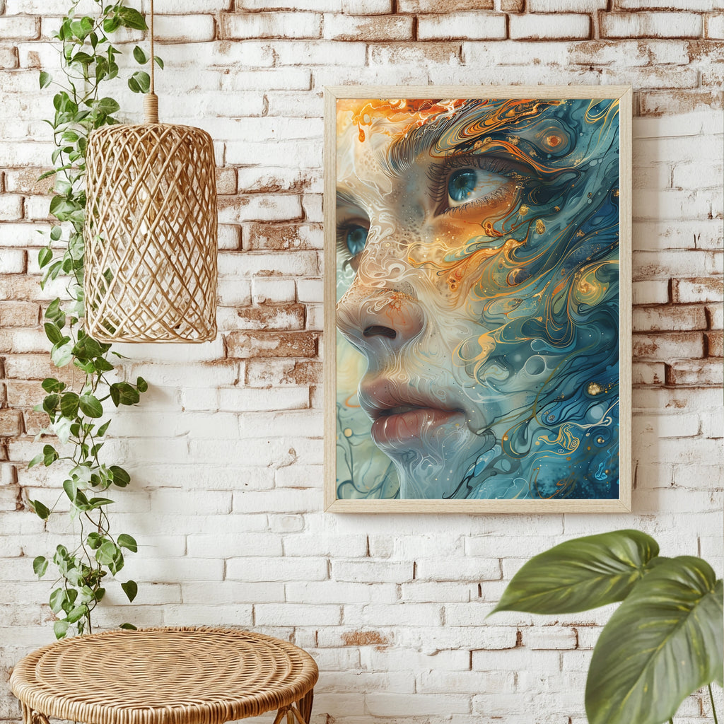 Fließendes Fluid-Art-Porträt in Blau und Gold mit wachem Auge