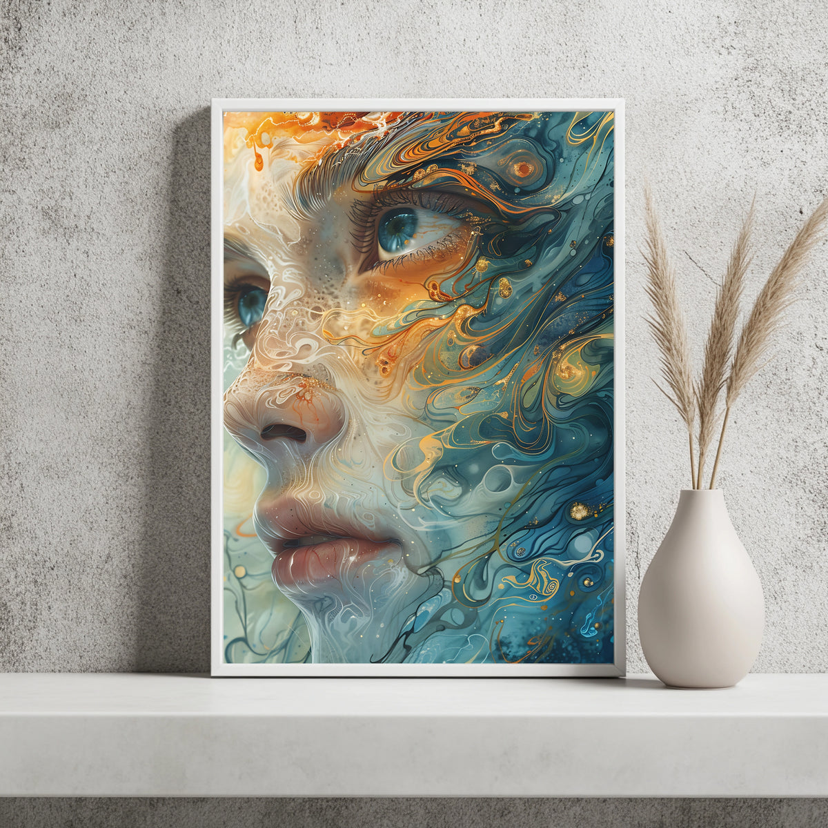 Fließendes Fluid-Art-Porträt in Blau und Gold mit wachem Auge