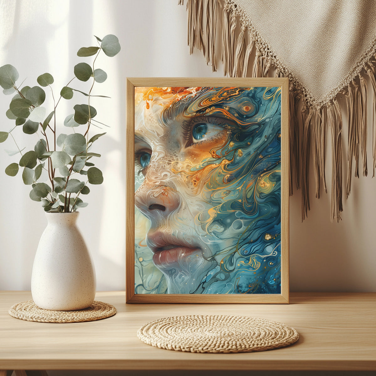 Fließendes Fluid-Art-Porträt in Blau und Gold mit wachem Auge