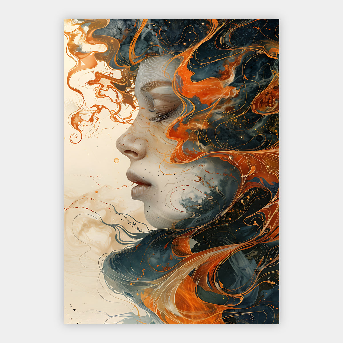 Fluid-Art-Porträt mit geschlossenen Augen in warmem Orange und Gold