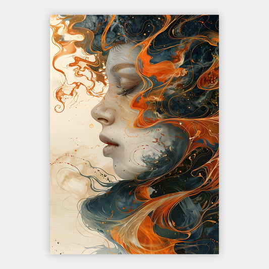 Fluid-Art-Porträt mit geschlossenen Augen in warmem Orange und Gold