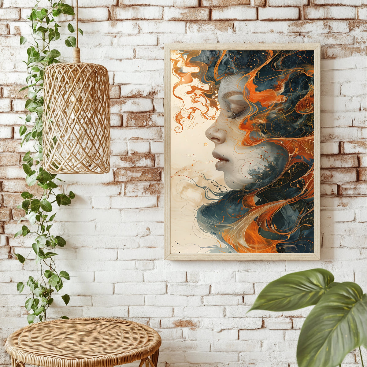 Fluid-Art-Porträt mit geschlossenen Augen in warmem Orange und Gold