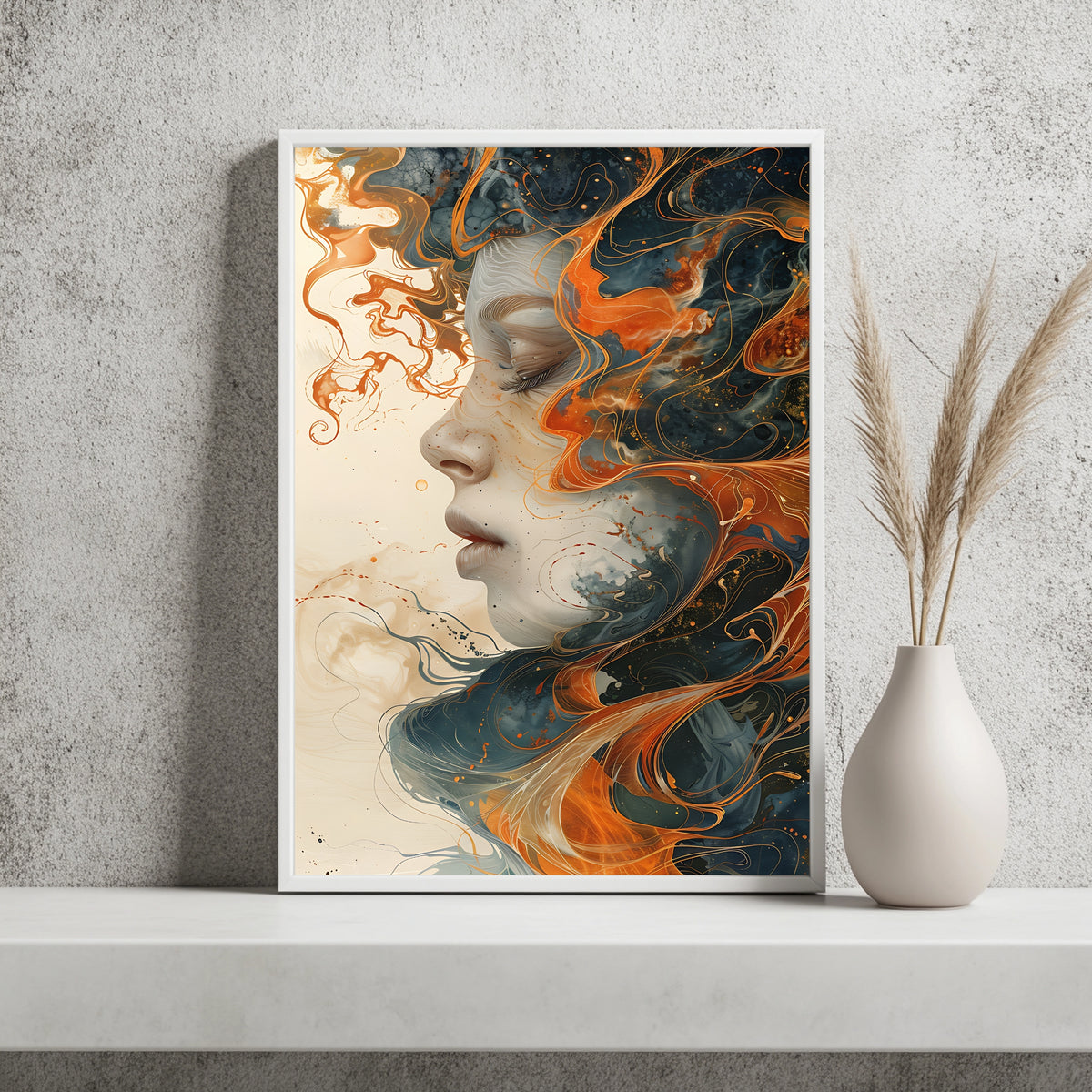 Fluid-Art-Porträt mit geschlossenen Augen in warmem Orange und Gold
