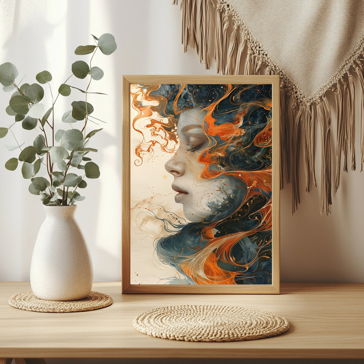 Fluid-Art-Porträt mit geschlossenen Augen in warmem Orange und Gold