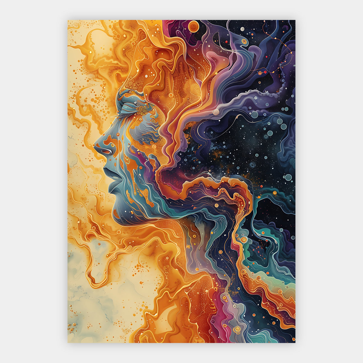 Fluid-Art-Porträt verschmolzen mit einer bunten Galaxie in Gold und Violett