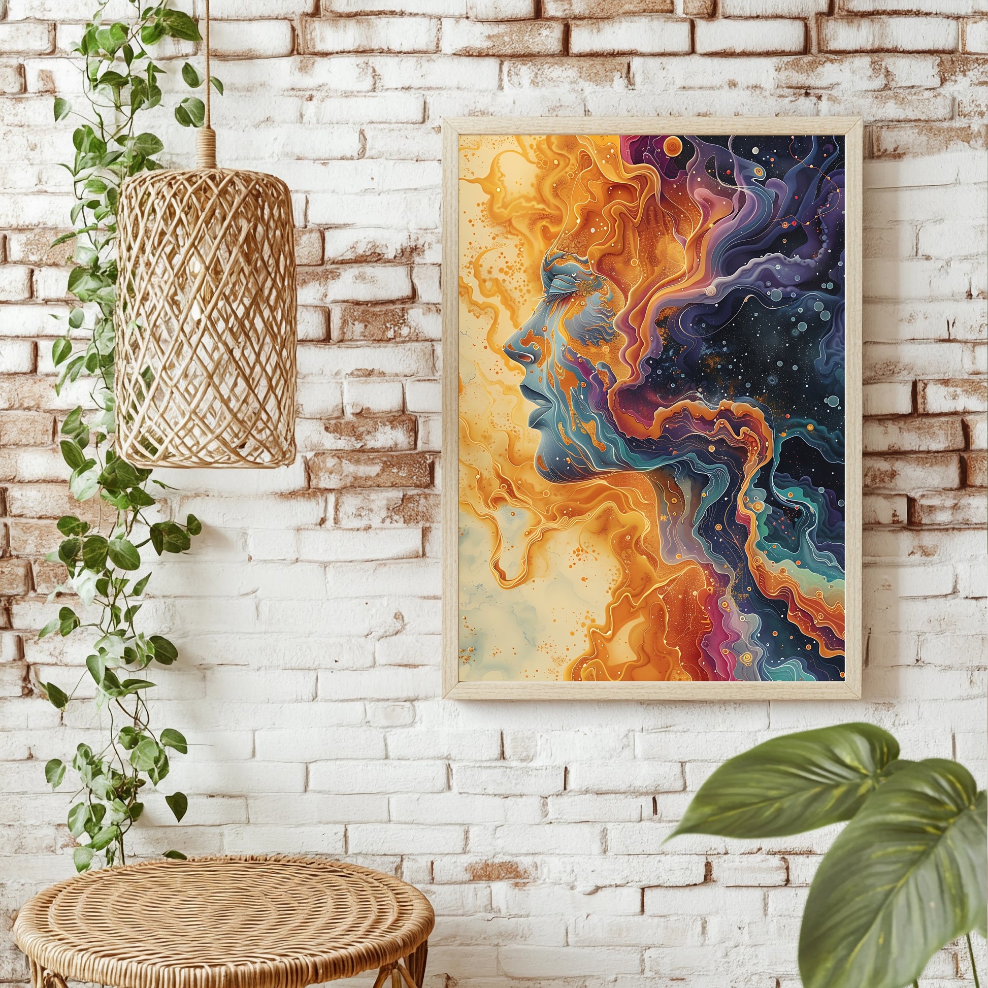 Fluid-Art-Porträt verschmolzen mit einer bunten Galaxie in Gold und Violett
