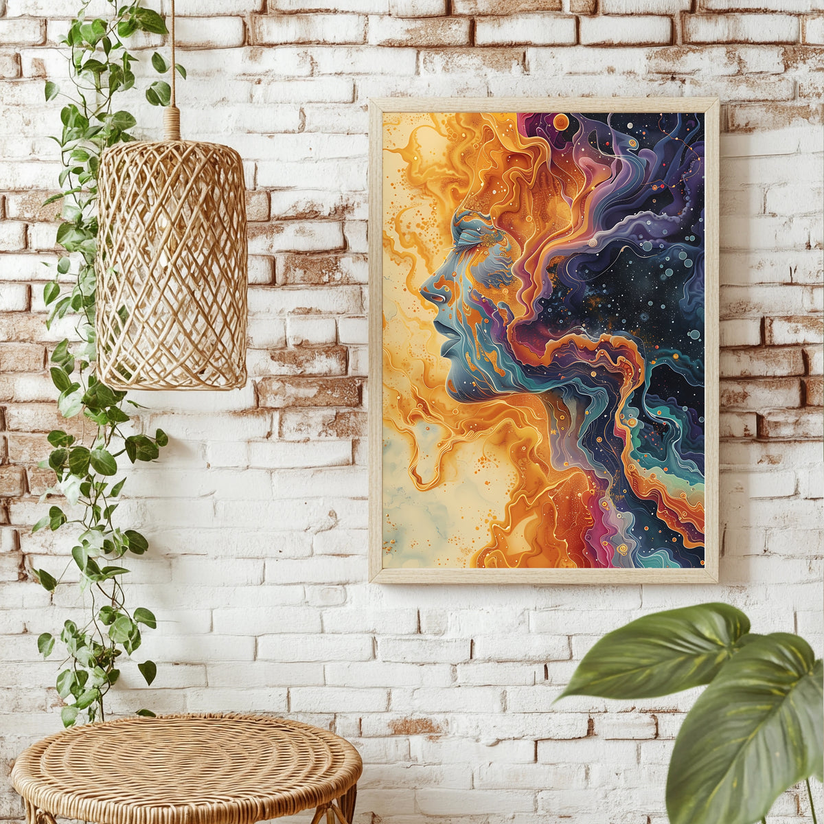 Fluid-Art-Porträt verschmolzen mit einer bunten Galaxie in Gold und Violett