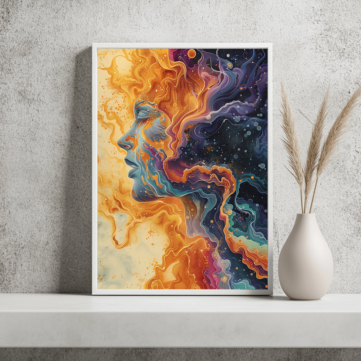 Fluid-Art-Porträt verschmolzen mit einer bunten Galaxie in Gold und Violett