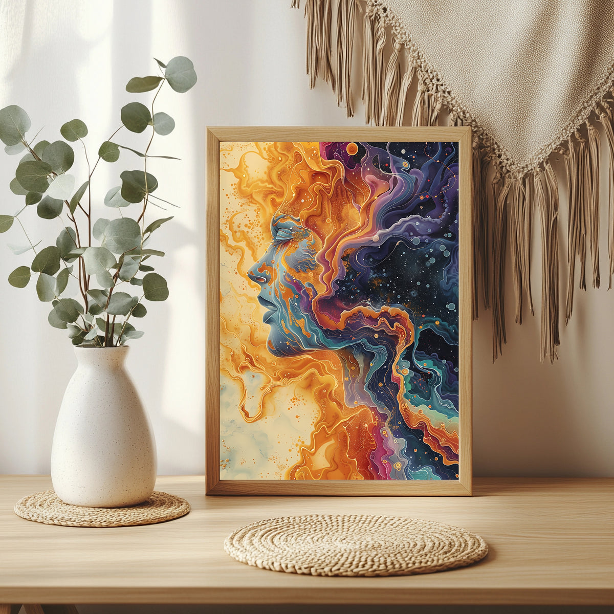 Fluid-Art-Porträt verschmolzen mit einer bunten Galaxie in Gold und Violett