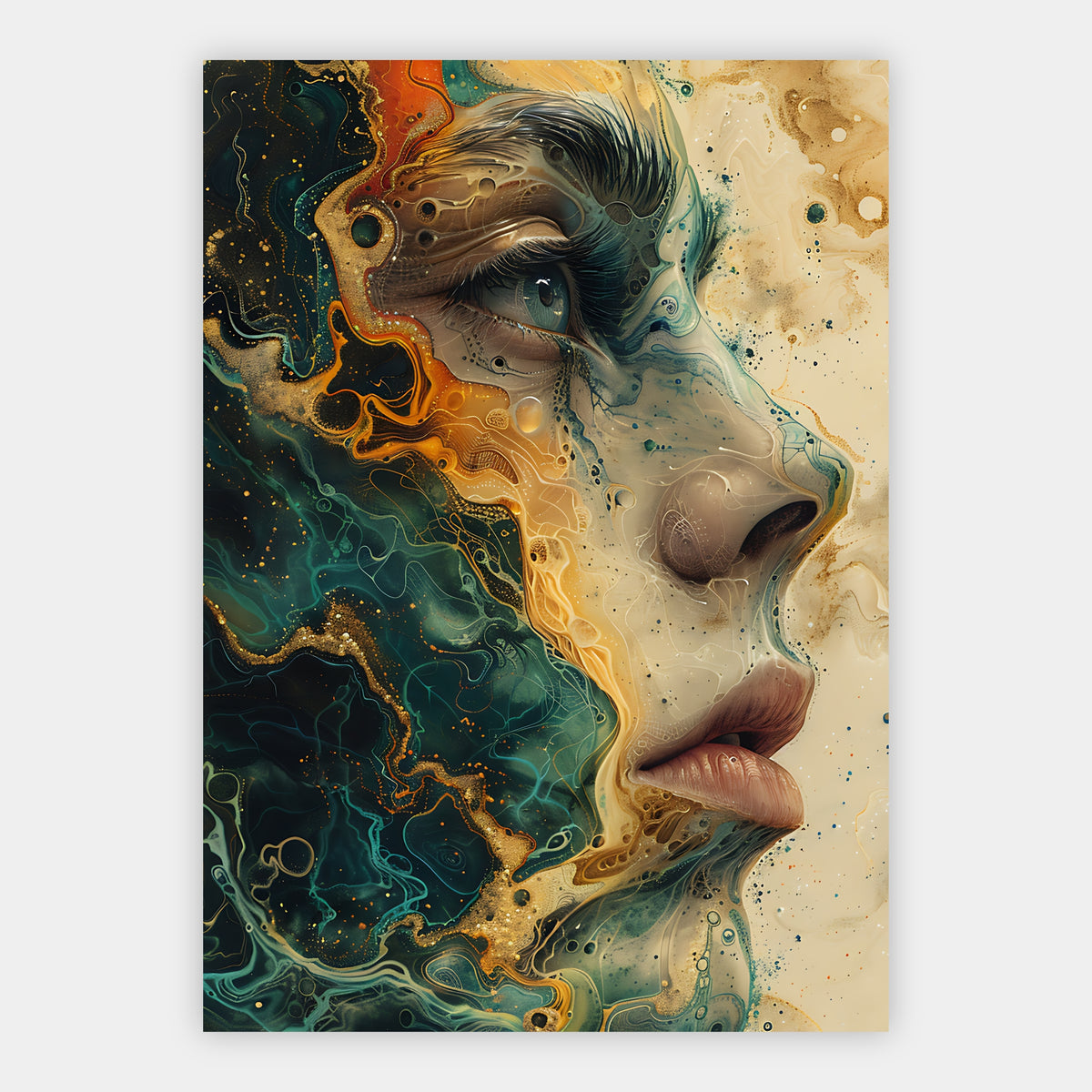 Fluid-Art-Porträt in Türkis und Gold mit klarem, wachem Blick