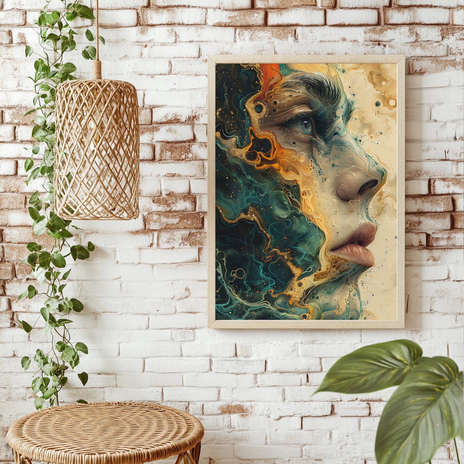 Fluid-Art-Porträt in Türkis und Gold mit klarem, wachem Blick