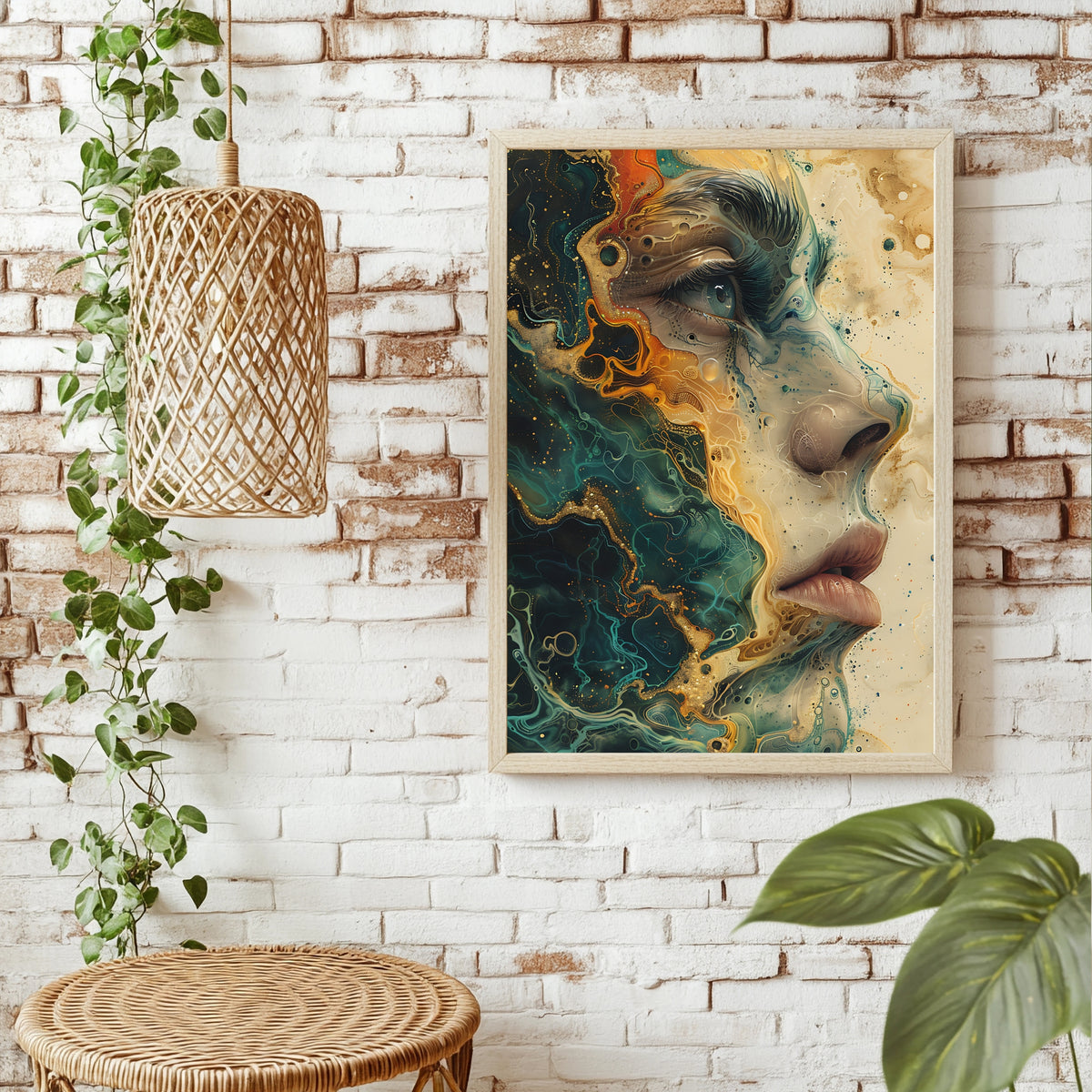 Fluid-Art-Porträt in Türkis und Gold mit klarem, wachem Blick