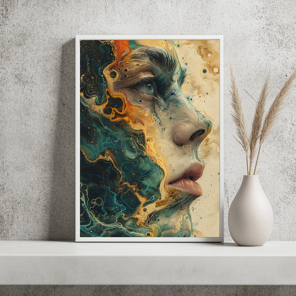 Fluid-Art-Porträt in Türkis und Gold mit klarem, wachem Blick