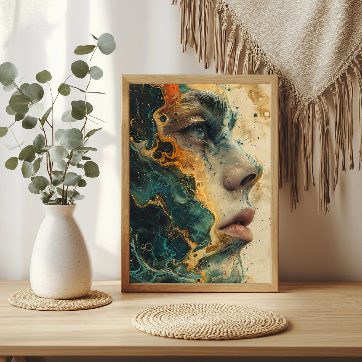 Fluid-Art-Porträt in Türkis und Gold mit klarem, wachem Blick