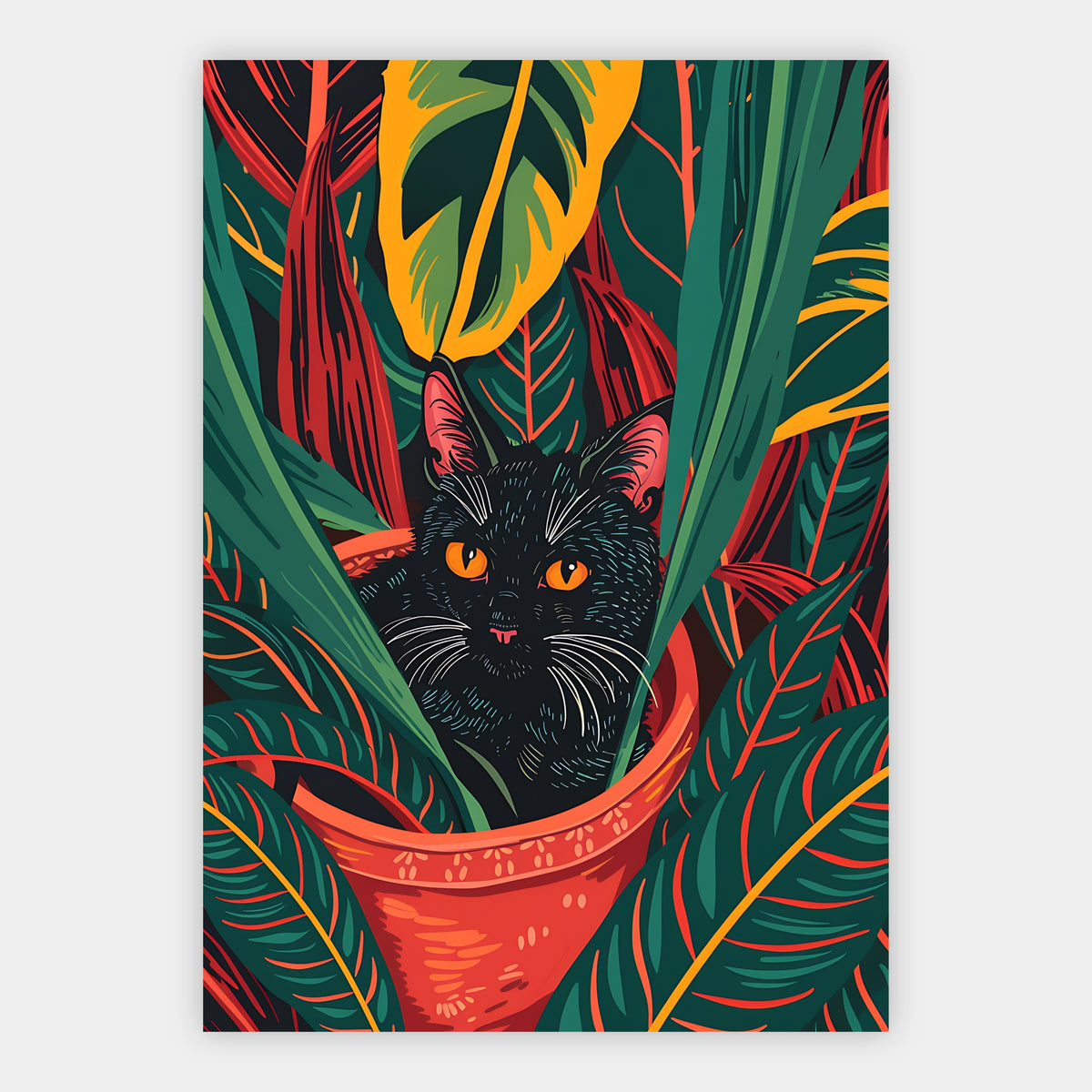 Schwarze Katze streckt die Zunge heraus im Blumentopf zwischen grünen Blättern