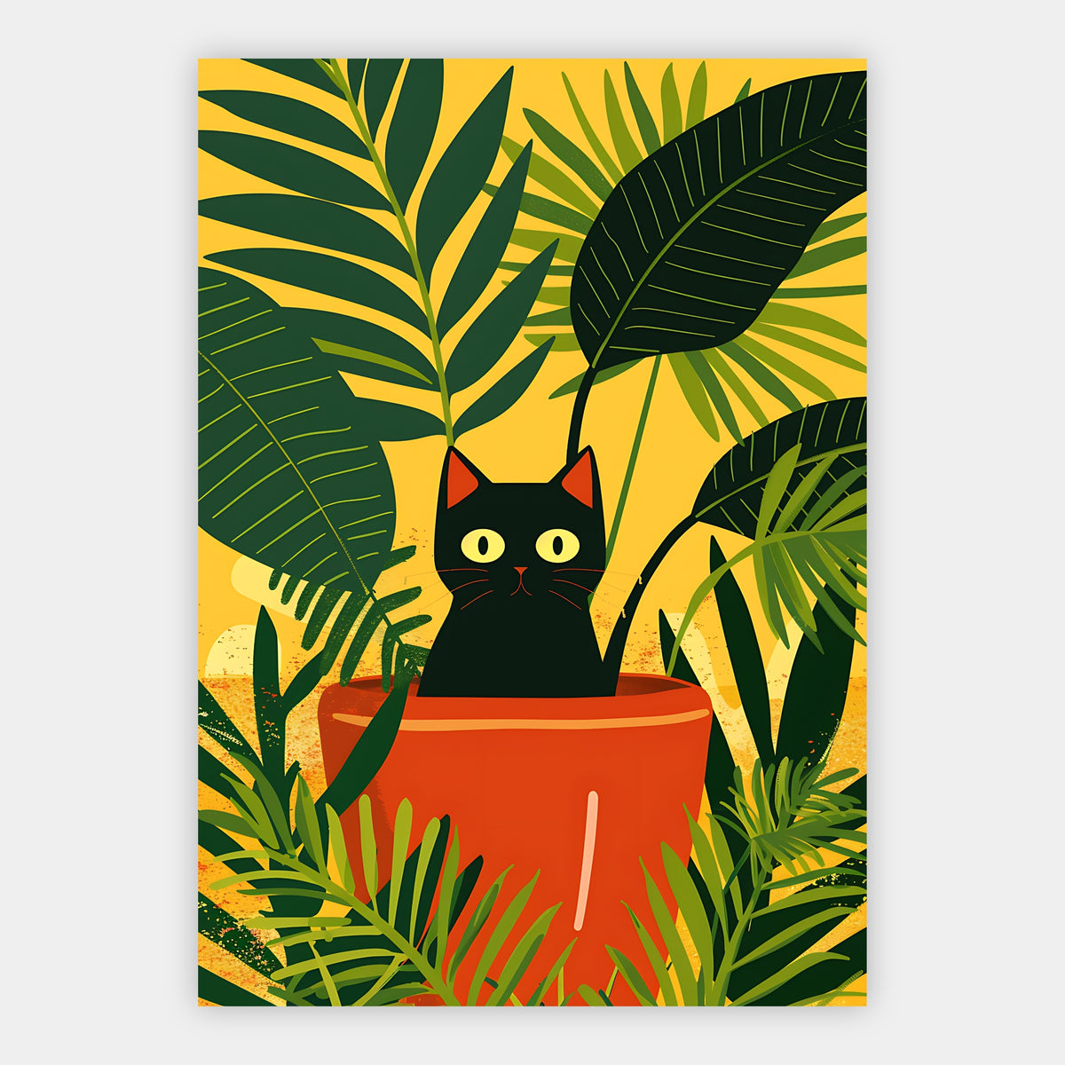 Schwarze Katze mit großen Augen im Blumentopf vor gelbem Hintergrund