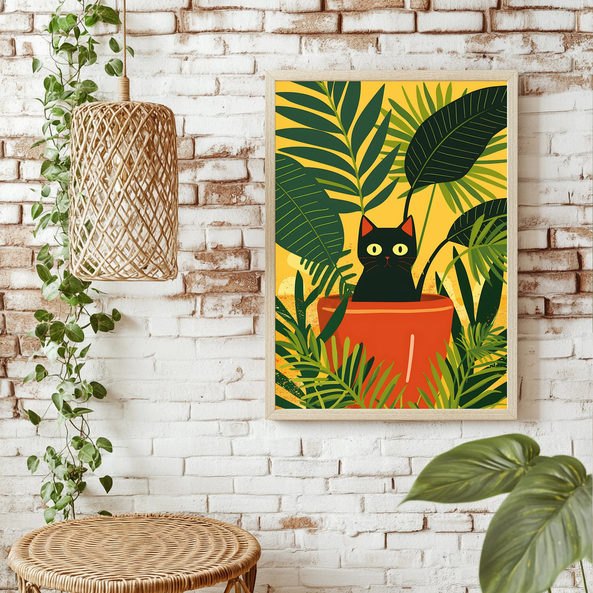 Schwarze Katze mit großen Augen im Blumentopf vor gelbem Hintergrund