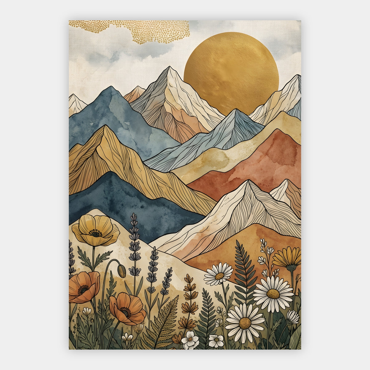 Boho Berglandschaft mit Goldsonne und Wildblumen im Vordergrund