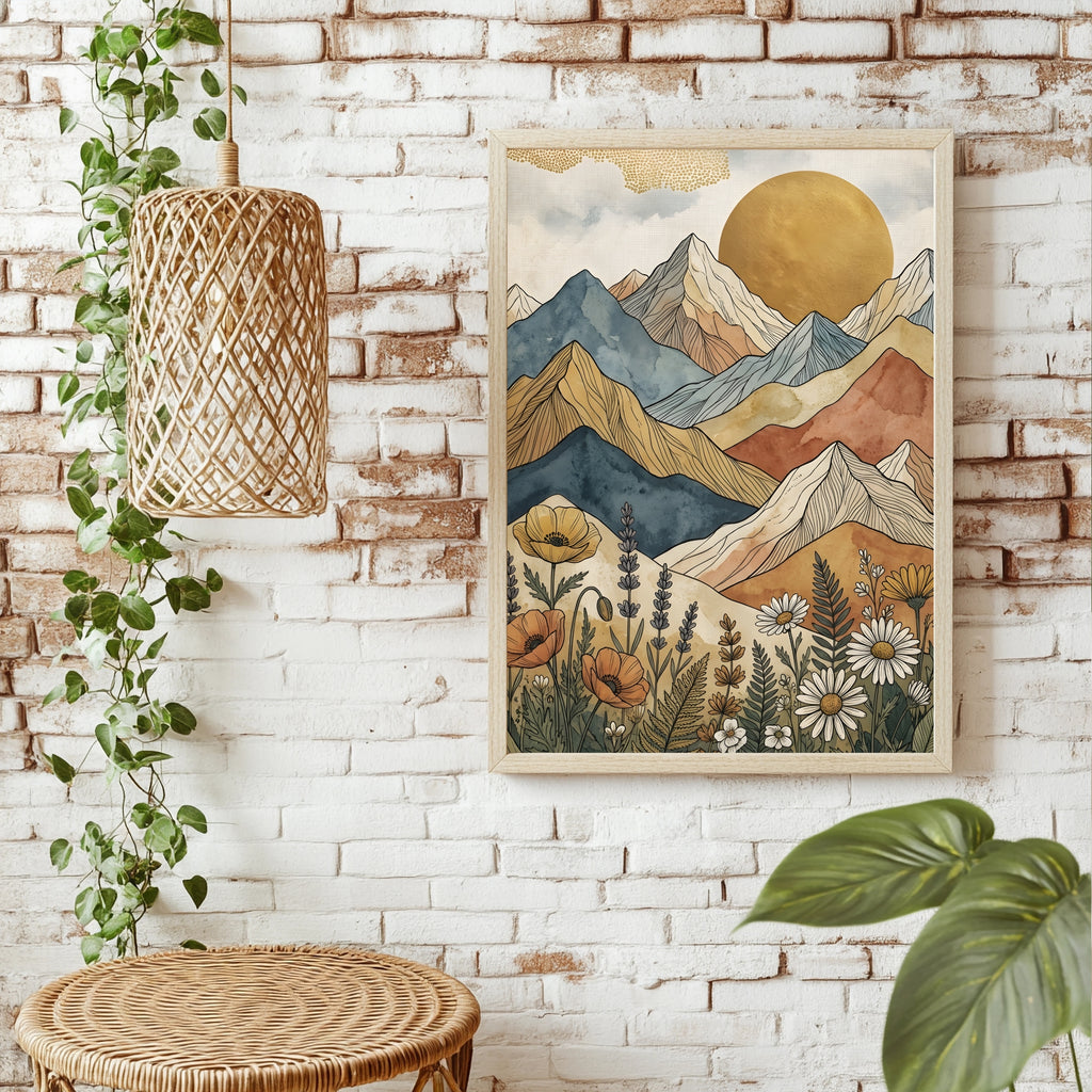 Boho Berglandschaft mit Goldsonne und Wildblumen im Vordergrund