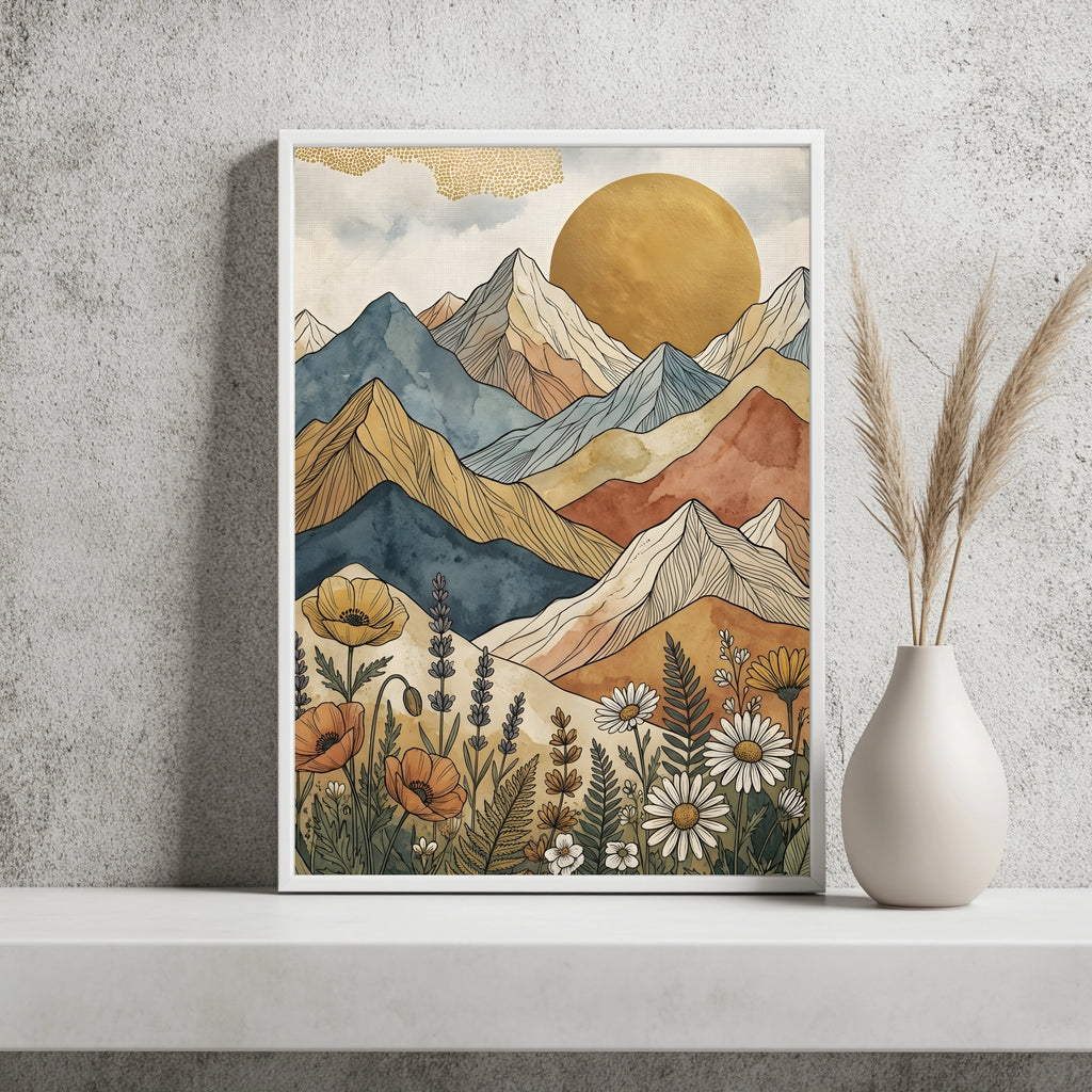 Boho Berglandschaft mit Goldsonne und Wildblumen im Vordergrund