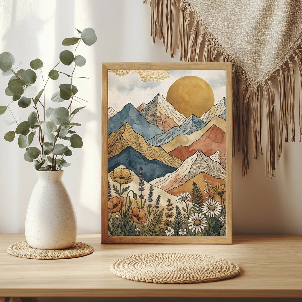 Boho Berglandschaft mit Goldsonne und Wildblumen im Vordergrund