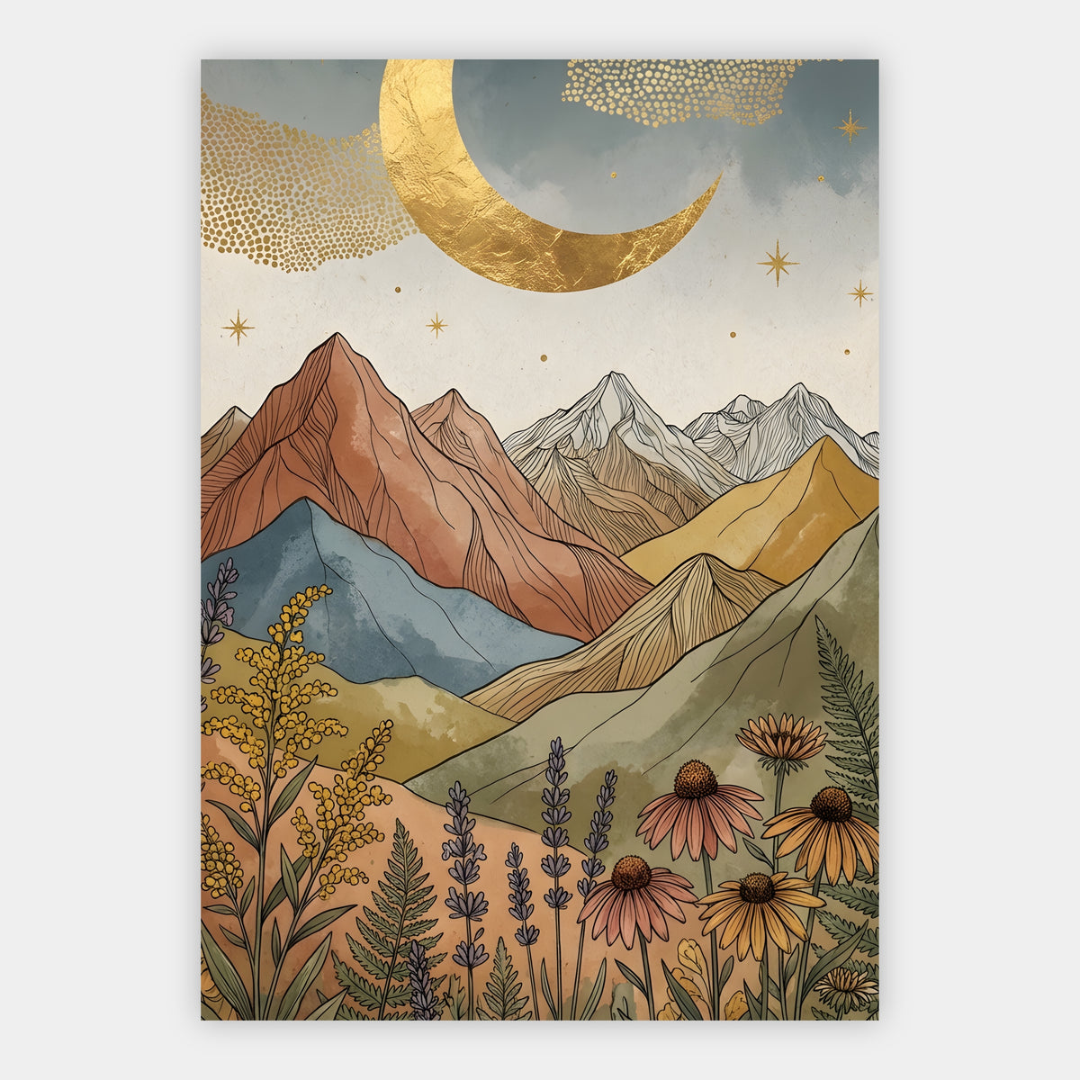 Boho Berglandschaft mit goldenem Sichelmond und Lupinen