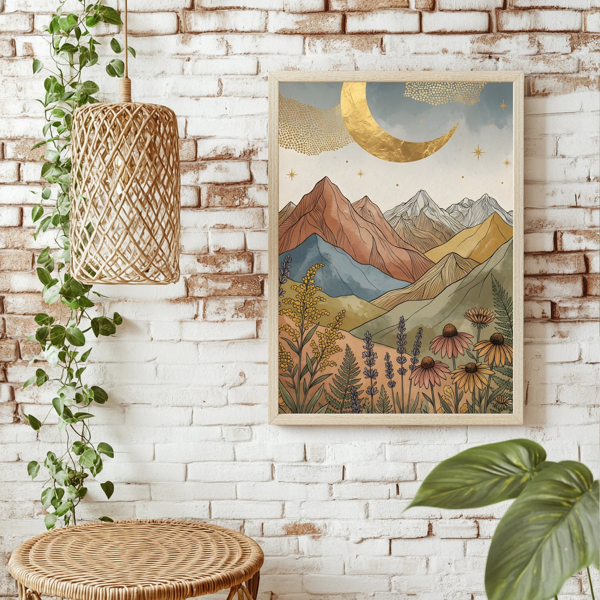 Boho Berglandschaft mit goldenem Sichelmond und Lupinen