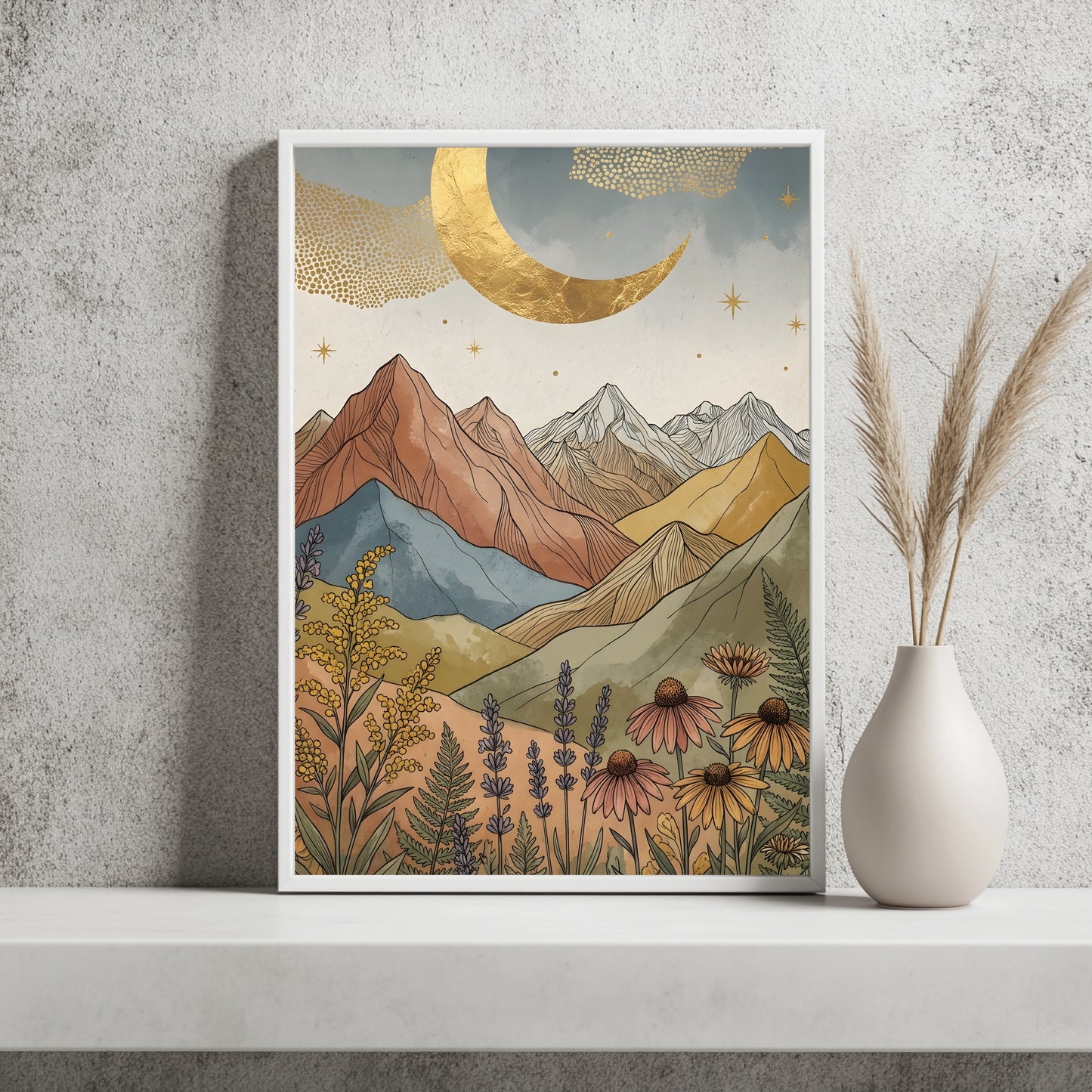 Boho Berglandschaft mit goldenem Sichelmond und Lupinen