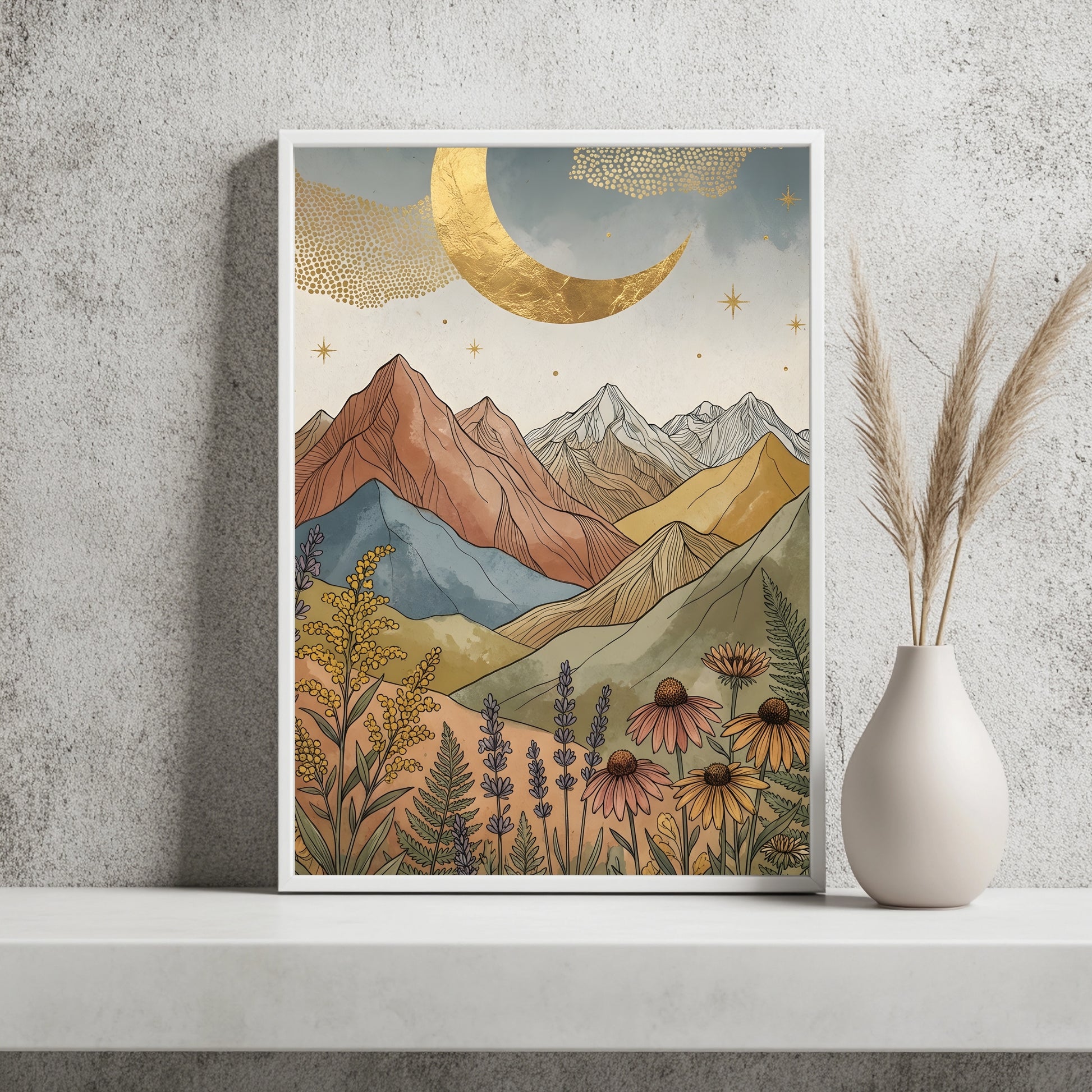 Boho Berglandschaft mit goldenem Sichelmond und Lupinen
