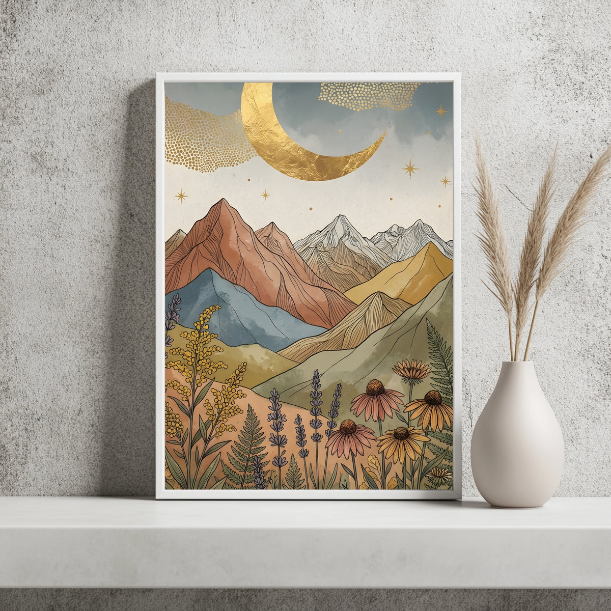 Boho Berglandschaft mit goldenem Sichelmond und Lupinen