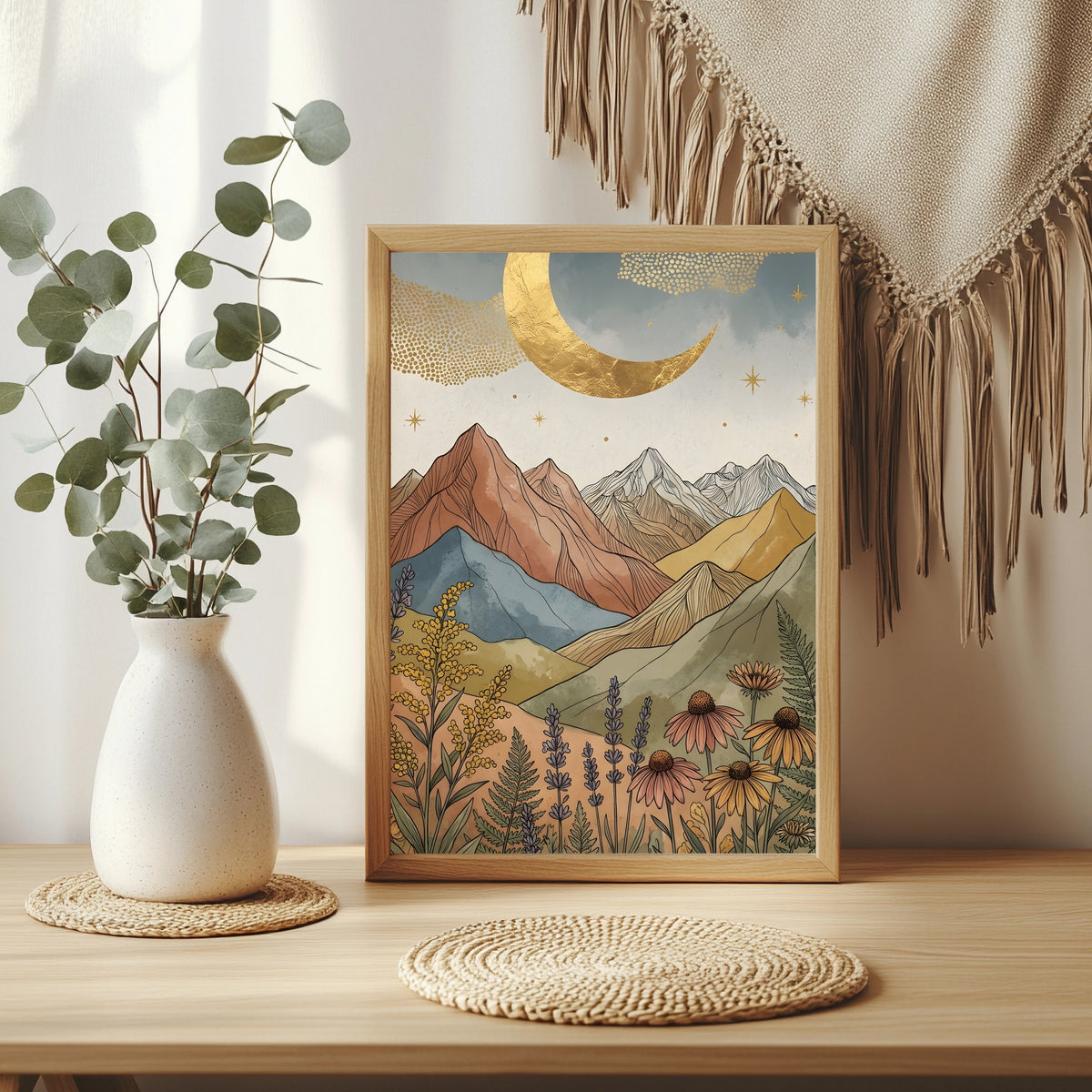 Boho Berglandschaft mit goldenem Sichelmond und Lupinen