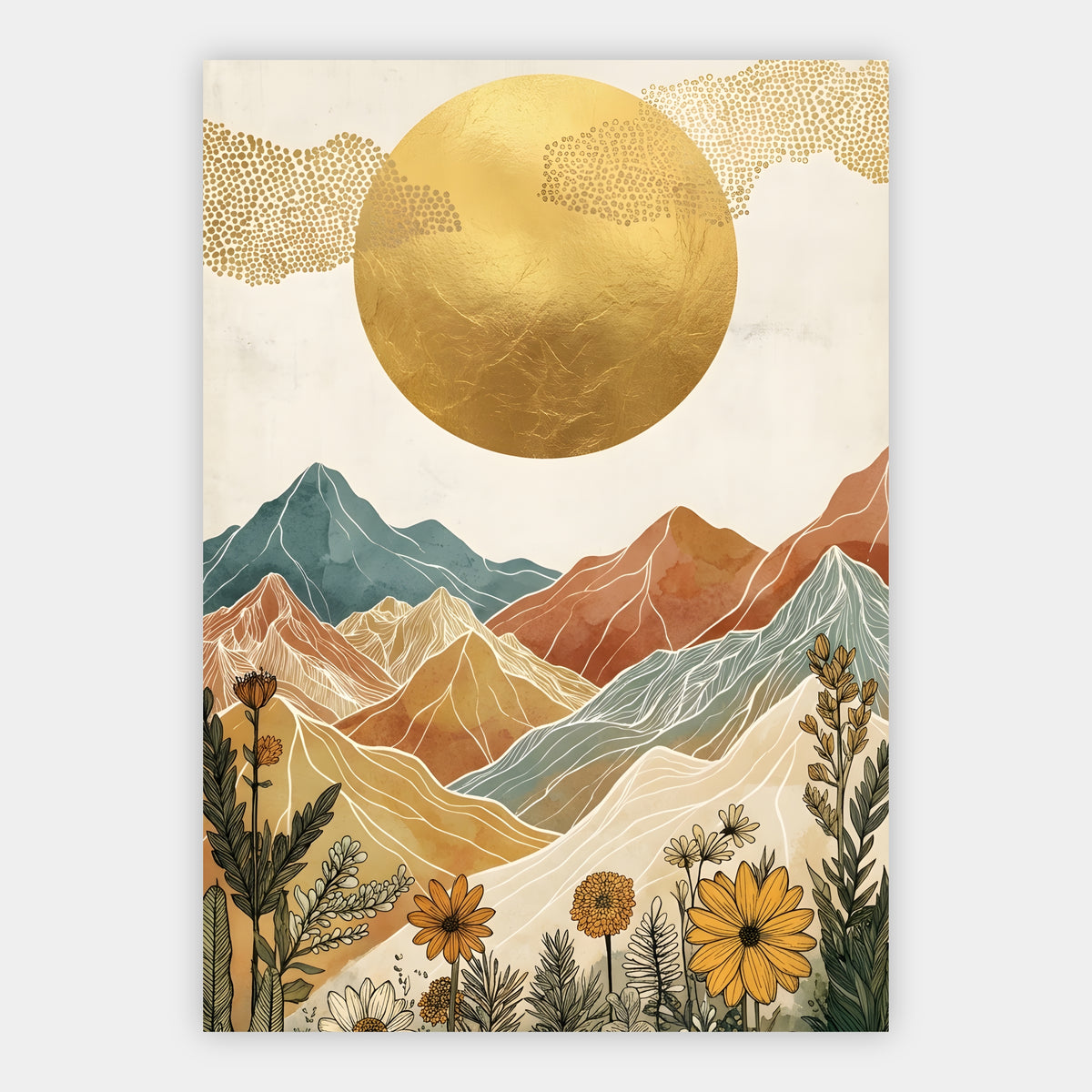 Boho Berglandschaft mit Goldsonne und Sonnenblumen im Vordergrund