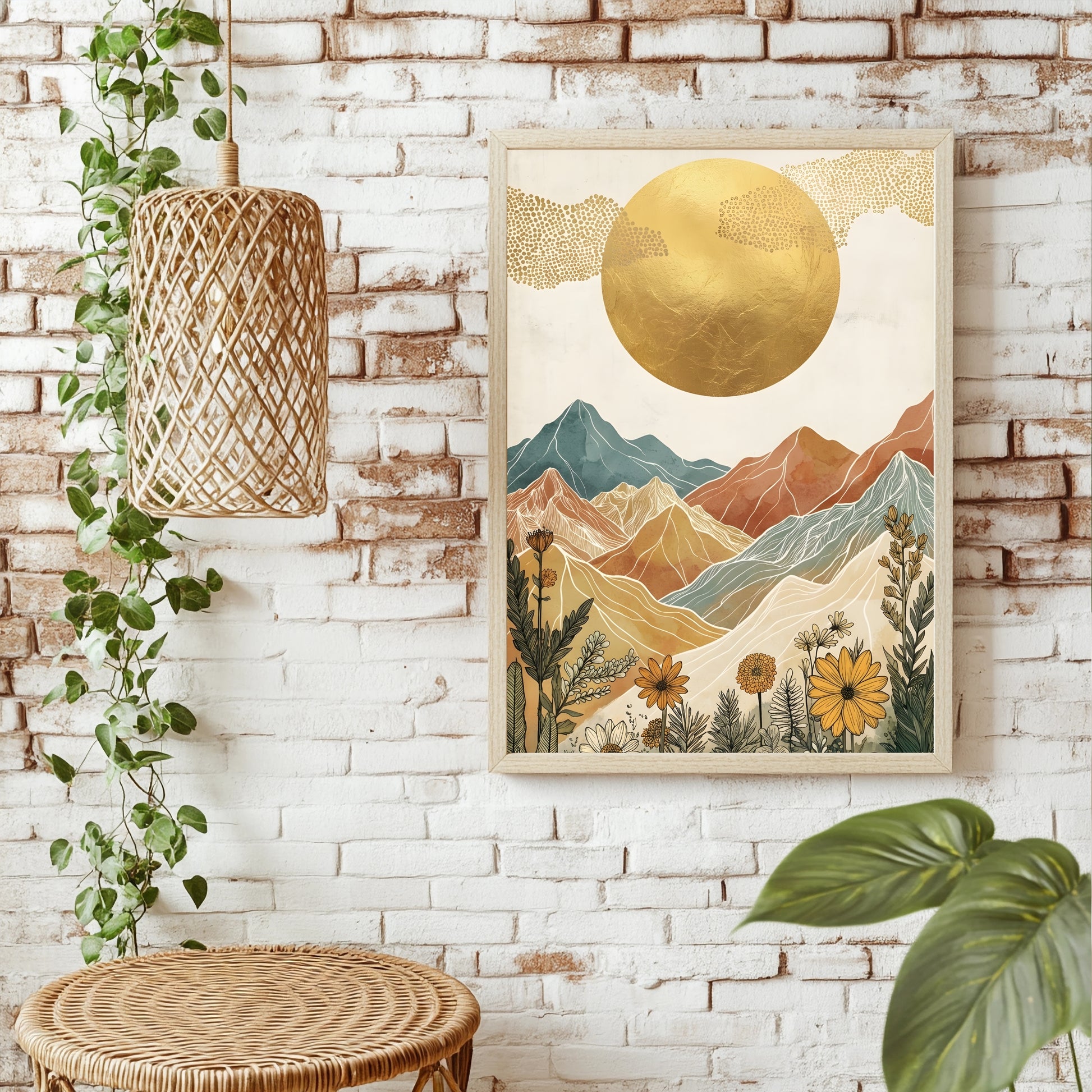 Boho Berglandschaft mit Goldsonne und Sonnenblumen im Vordergrund
