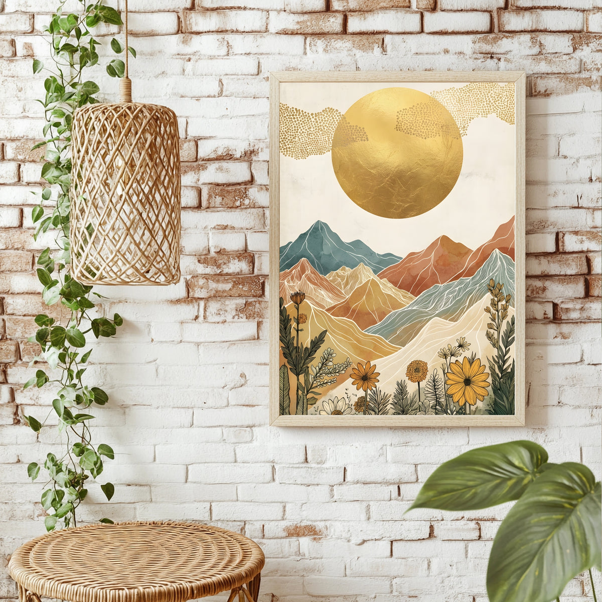 Boho Berglandschaft mit Goldsonne und Sonnenblumen im Vordergrund