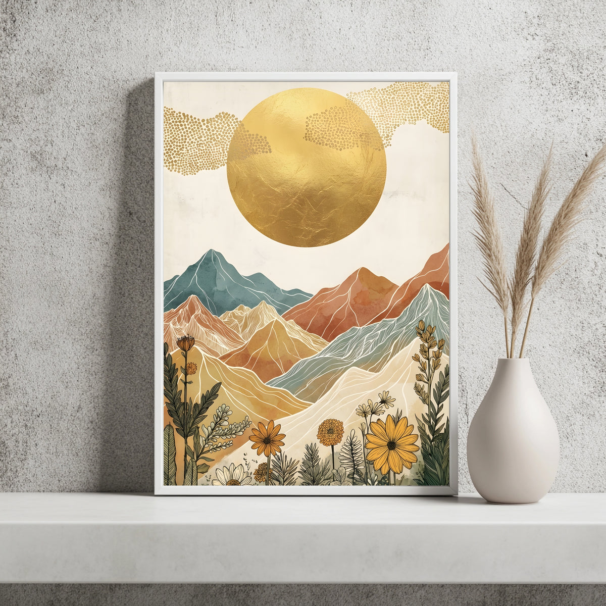 Boho Berglandschaft mit Goldsonne und Sonnenblumen im Vordergrund